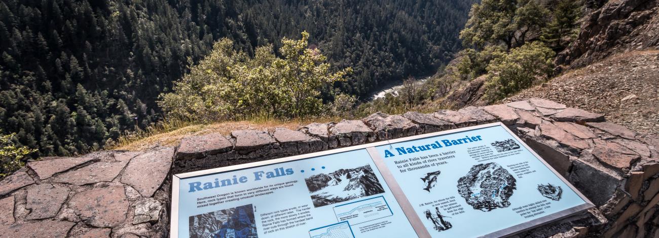 Interpretive panels at Rainie Falls Overlook