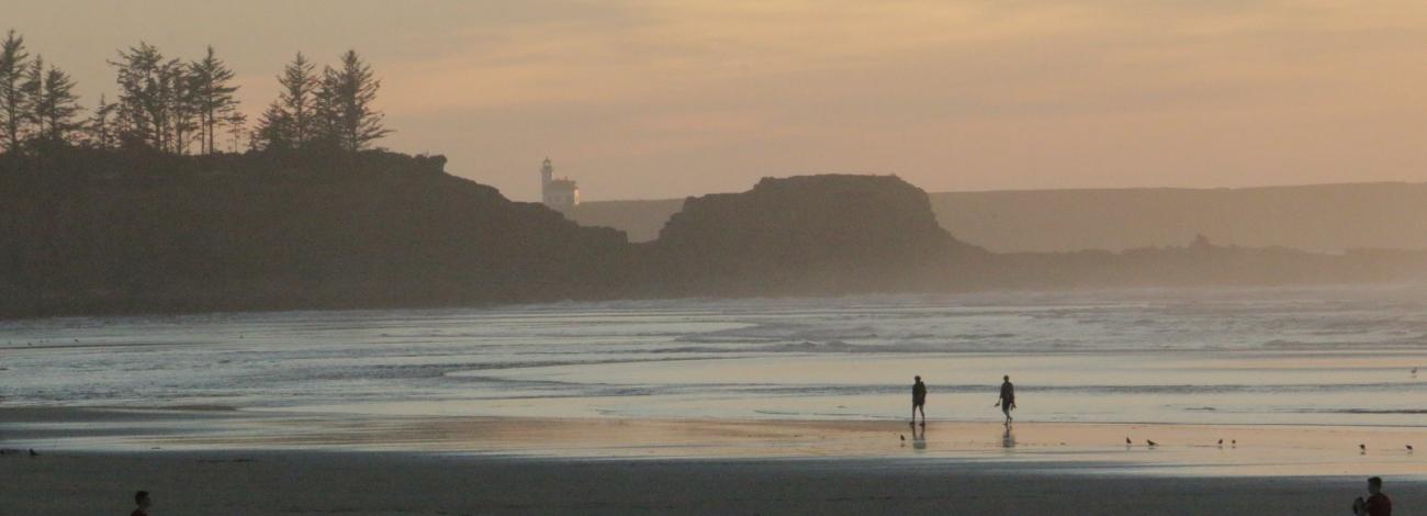 Cape Arago Lighthouse in the distance at sunset on Bastendorff Beach